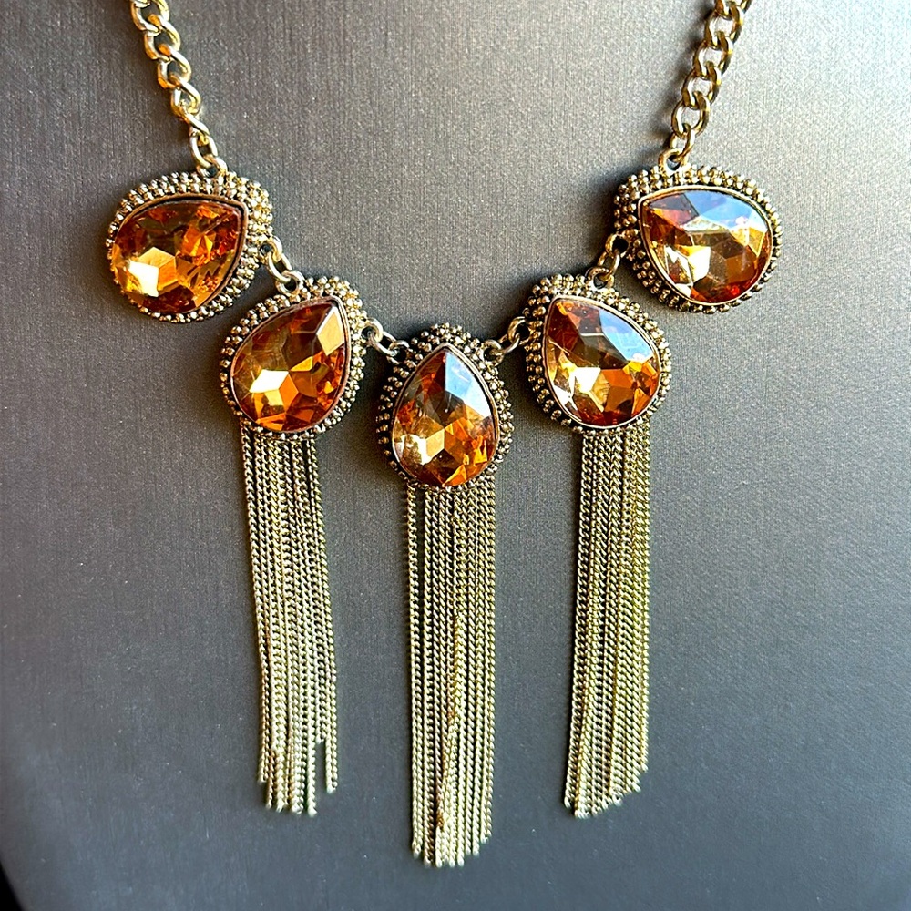 Topaz Amber Crystal & Gold Chain Fringe Necklace Modern Boho Adjustable 16”- 19”